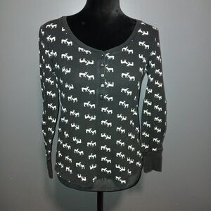 Victoria’s Secret Womens Thermal Top Small Black Long Sleeve Deer Print